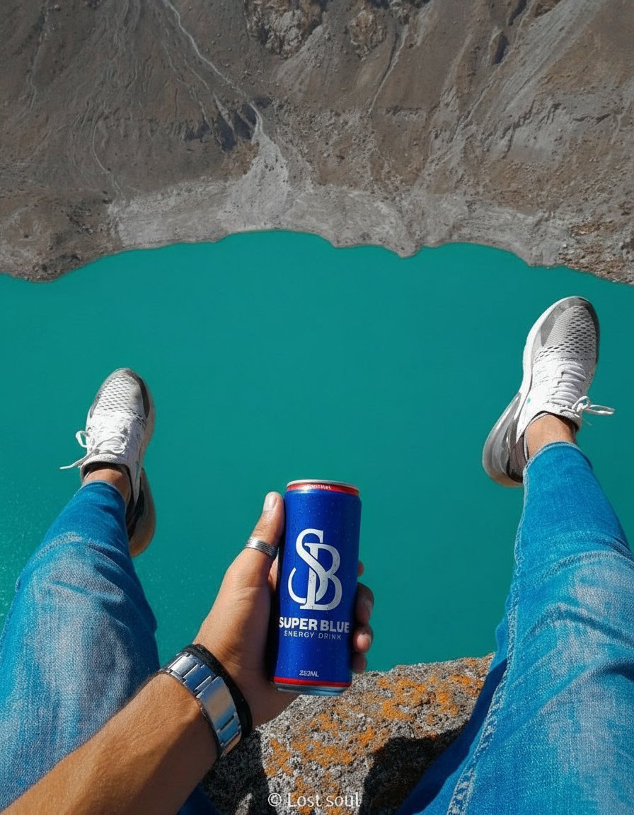 SUPER BLUE Original on an outdoor adventure above a turquoise lake